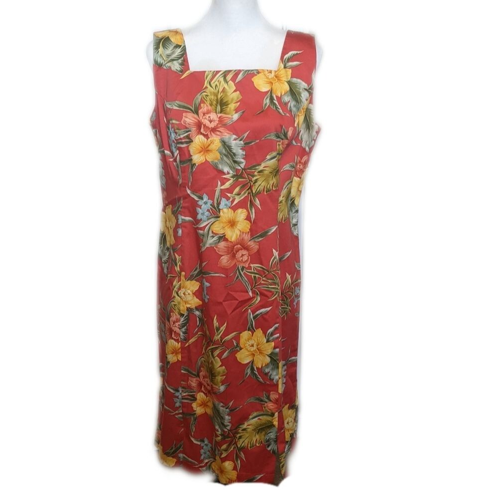 Caribbean Joe sleeveless midi length dress, coral pink with yellow floral L